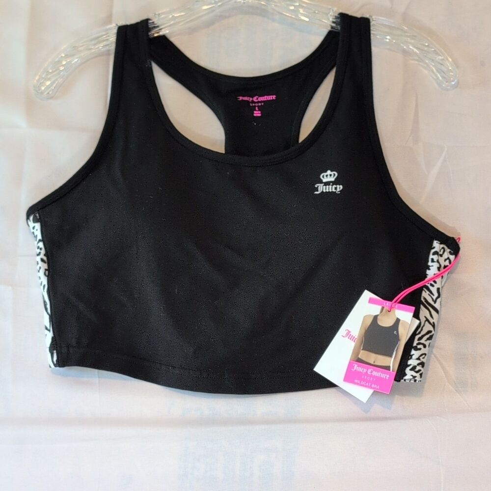 Juicy Couture Sports Bra  Large Black Strap Y2K White Leapord Print on Sides